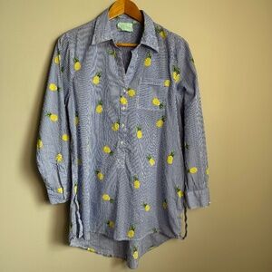 True Destinations Pineapple Long Sleeve 1/2 Button Tunic Beach Cover Shirt M